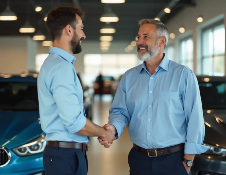 Un homme en chemise bleue serrant la main d'un vendeur de voitures d'occasion dans une concession moderne, symbolisant une transaction en toute confiance