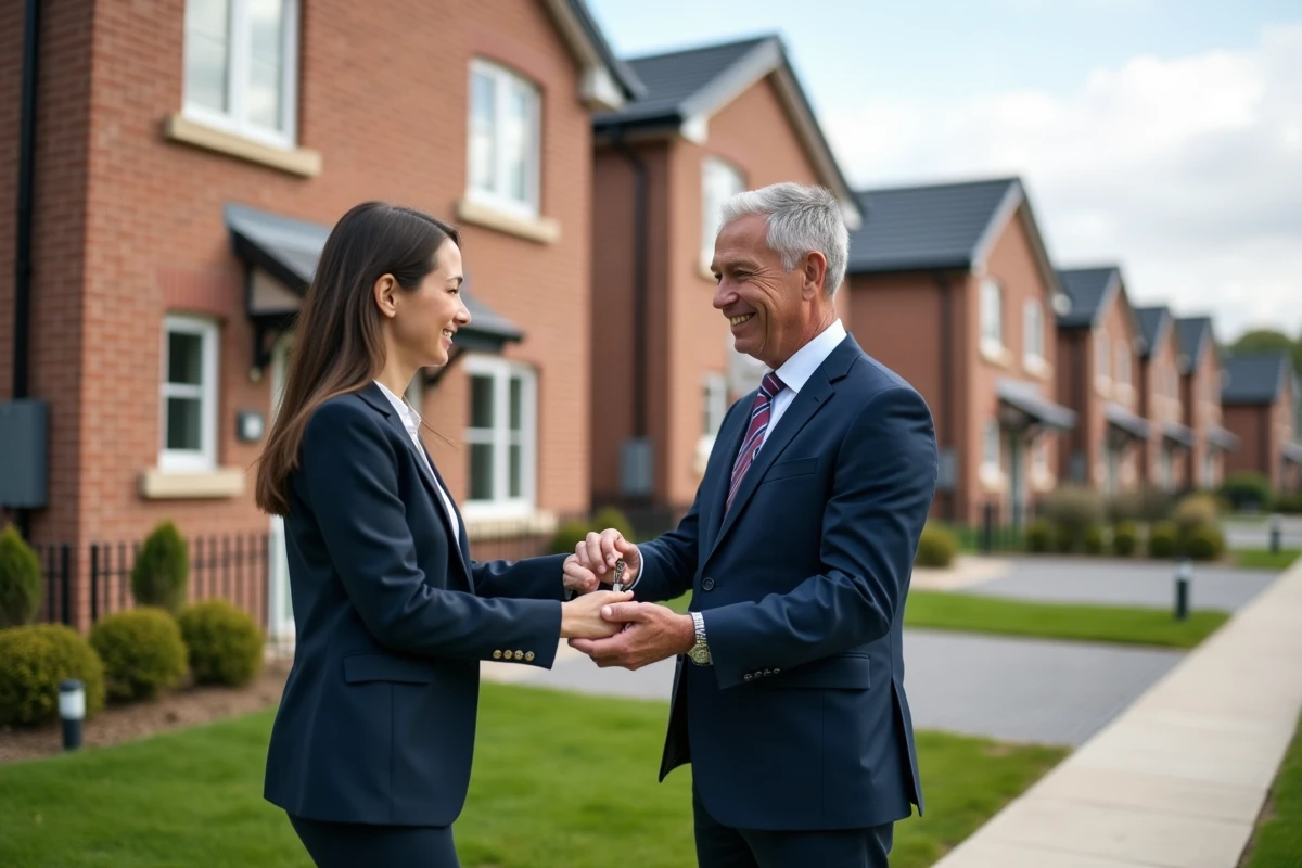 Agent immobilier donnant les clés à une jeune femme devant une maison neuve