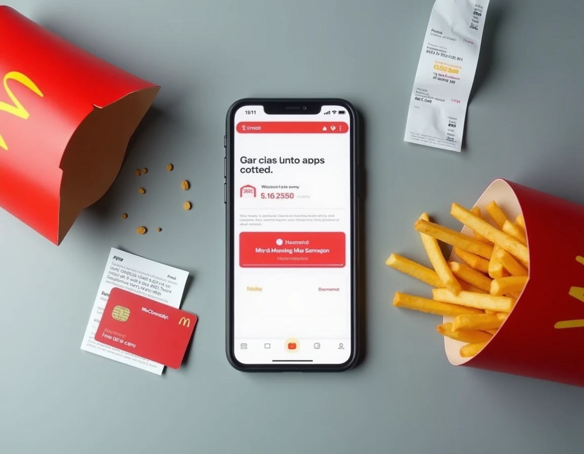 Vue aérienne d'un smartphone affichant une alerte de sécurité sur un compte McDonald's entouré d'une carte bancaire et d'un reçu de fidélité