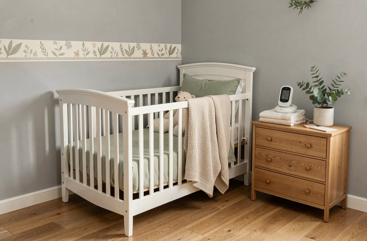 Chambre de bébé aménagée avec un lit à barreaux en bois blanc, une commode et une décoration douce en vert sauge et ivoire