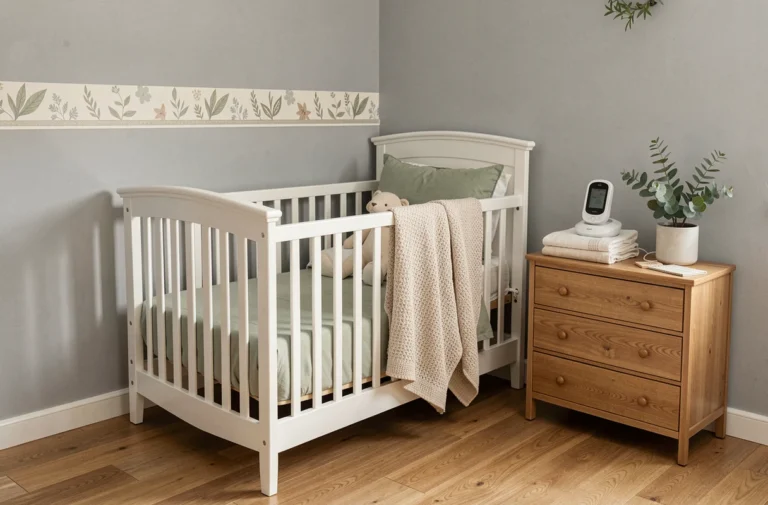 Chambre de bébé aménagée avec un lit à barreaux en bois blanc, une commode et une décoration douce en vert sauge et ivoire