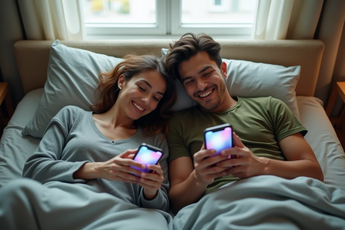 Deux amis regardant des films en streaming gratuit sur leurs smartphones allongés sur un lit