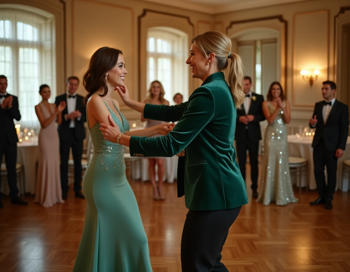 Animatrice de mariage dirigeant un cours de danse festif dans un salon de château avec des invités en tenue de soirée sur un parquet brillant