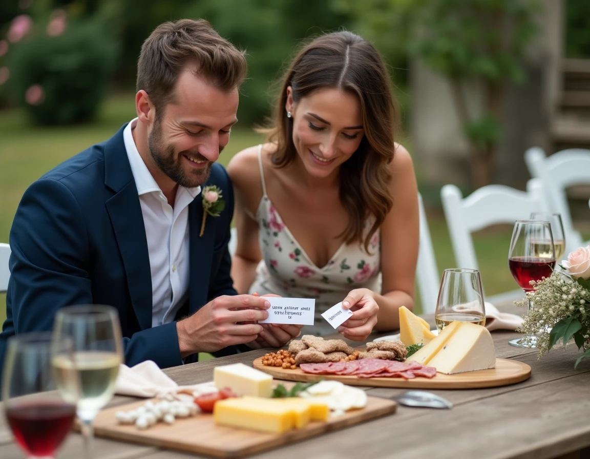 Deux invités de mariage découvrant une animation dégustation de vins et fromages sur une table en bois dans un jardin fleuri lors d'un cocktail