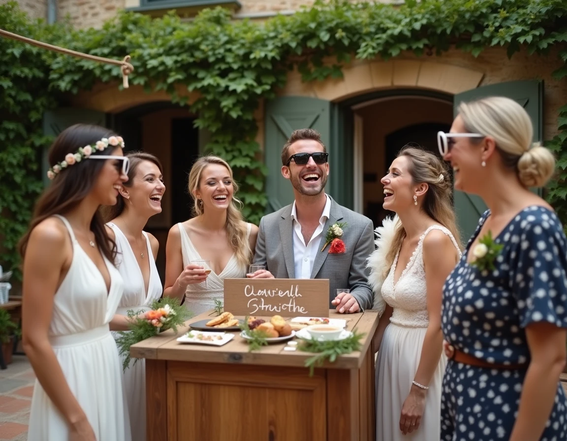 Groupe de mariés et invités riant autour d'un photobooth en bois décoré de fleurs lors d'un mariage en plein air dans une cour en pierre rustique