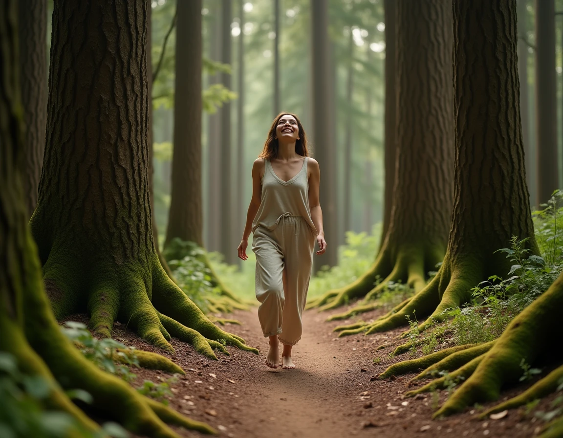 Femme marchant pieds nus sur un sentier forestier paisible, pratiquant le bain de forêt pour améliorer son bien-être naturellement