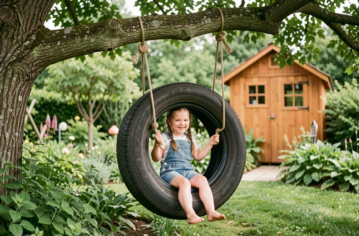 Balançoire horizontale suspendue faite d'un pneu accroché à un arbre avec une enfant assise dedans