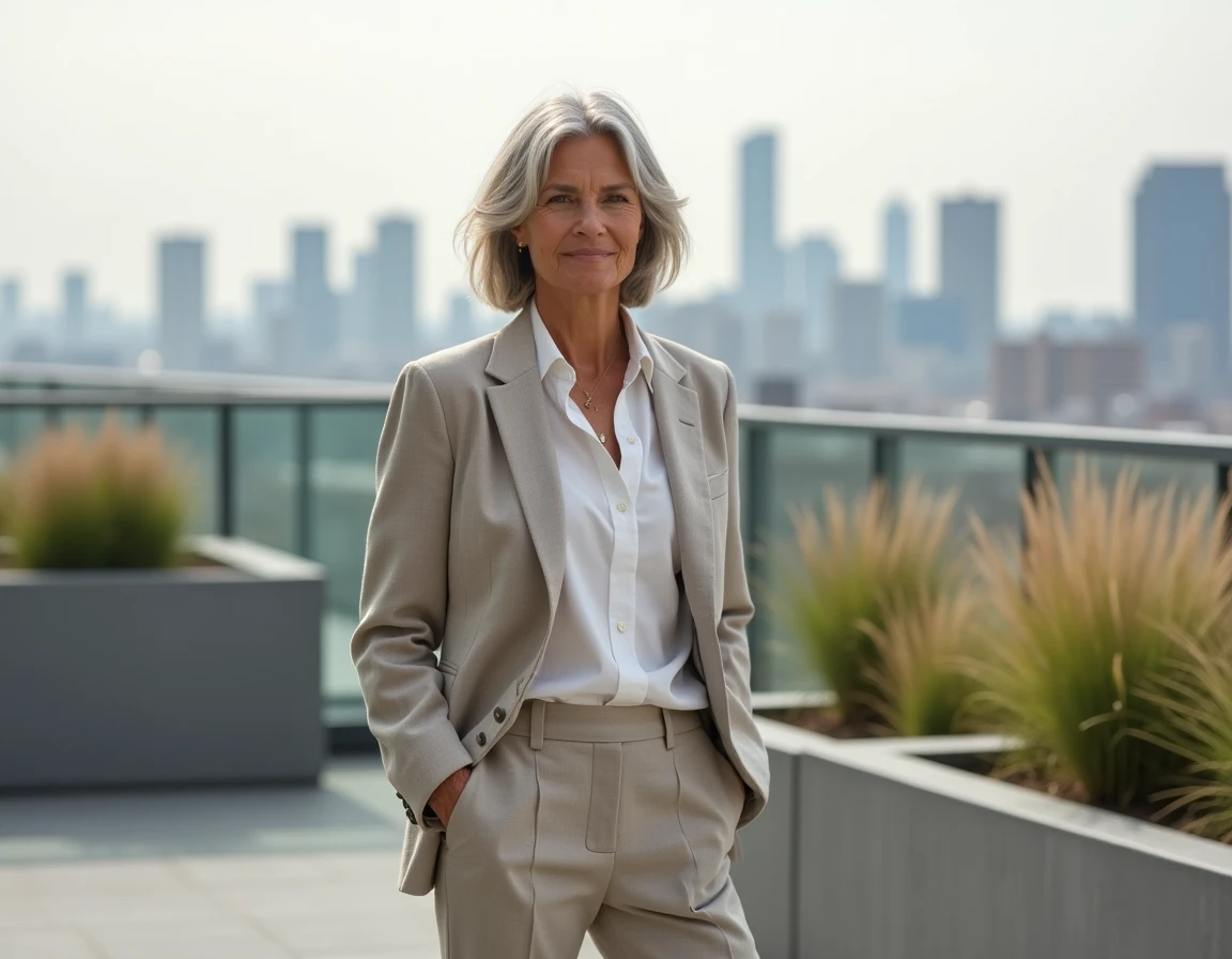 Femme d'une cinquantaine d'années aux cheveux argentés en tenue moderne sur un rooftop urbain, représentant l'évolution contemporaine des standards de beauté et l'acceptation du vieillissement naturel