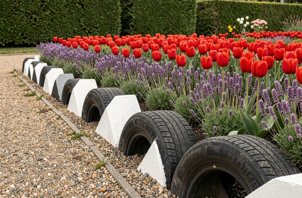 Bordure de massif de jardin créée avec des sections de pneus enterrées et découpées en dents de scie peintes