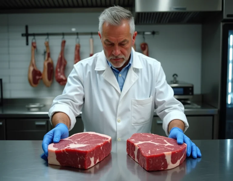 Boucher professionnel comparant deux steaks ribeye USDA Choice biologique et non-biologique sur un comptoir en acier inoxydable