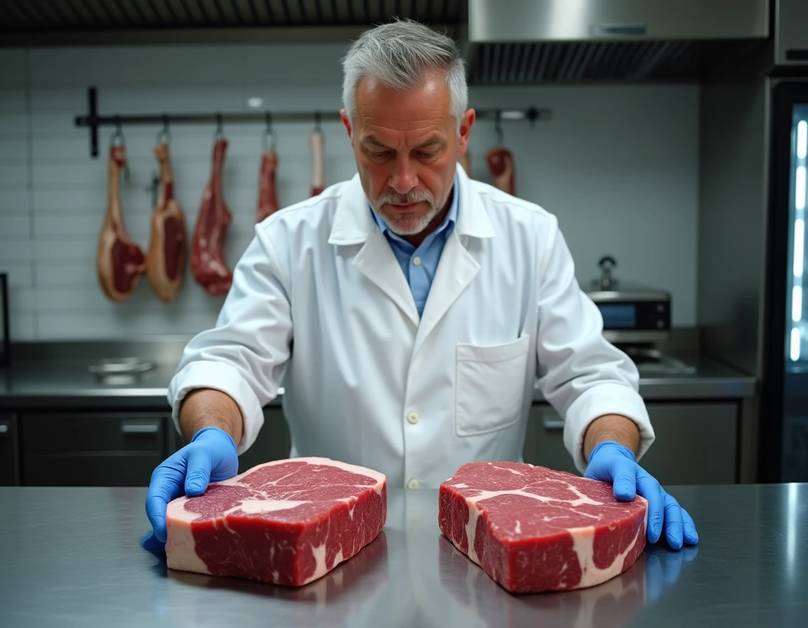 Boucher professionnel comparant deux steaks ribeye USDA Choice biologique et non-biologique sur un comptoir en acier inoxydable