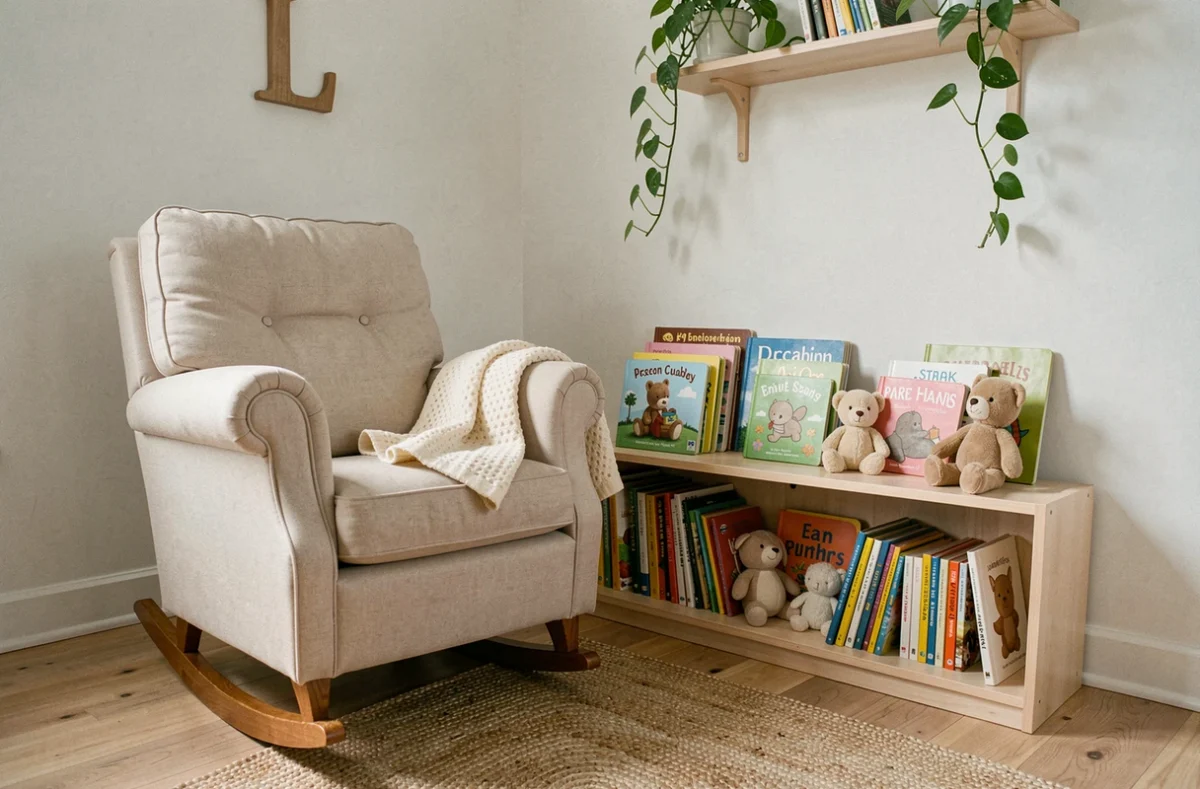 Coin lecture confortable dans une chambre de bébé avec fauteuil à bascule, bibliothèque basse et tapis en jute