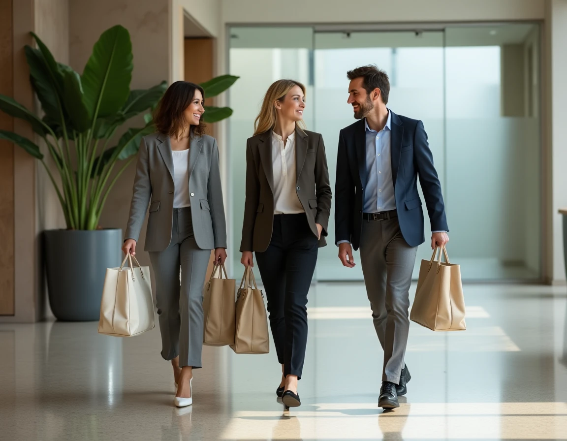 Équipe de collaborateurs français transportant des totes Isotoner dans le hall d'un siège social d'entreprise