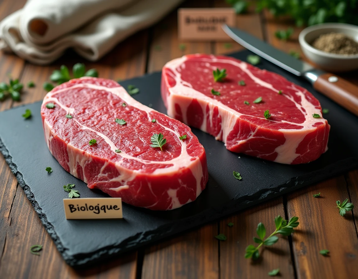 Deux steaks New York strip crus comparés côte à côte sur une ardoise, l'un biologique et l'autre non-biologique, vue du dessus