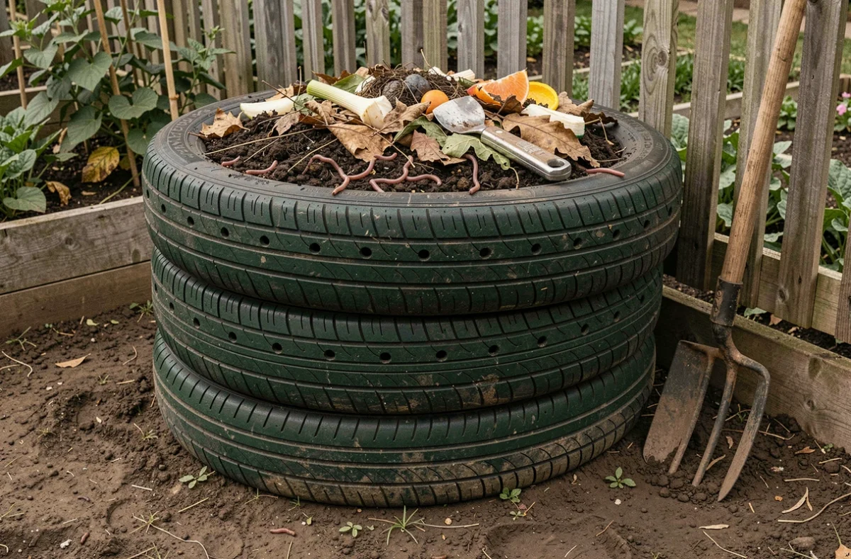 Composteur de jardin empilable fabriqué avec des pneus empilés peints en vert avec des trous d'aération
