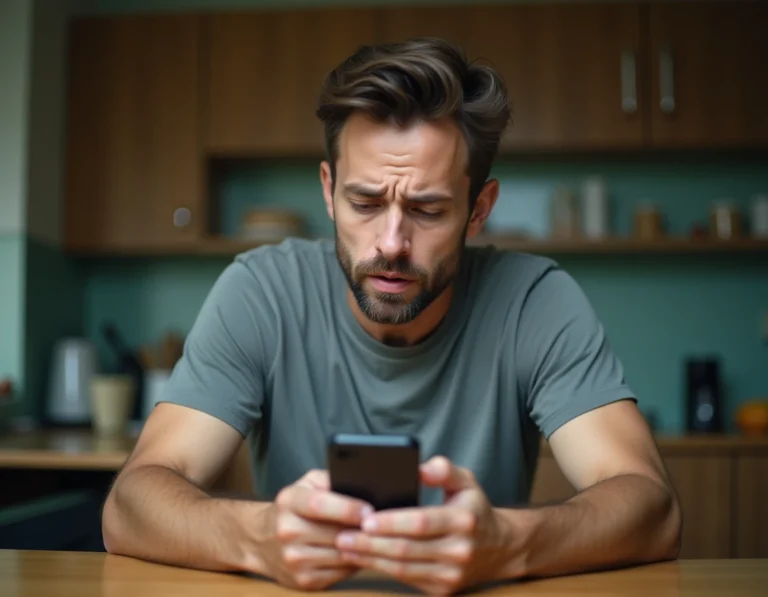 Homme inquiet regardant une alerte de connexion suspecte sur son application de fidélité McDonald's depuis sa cuisine