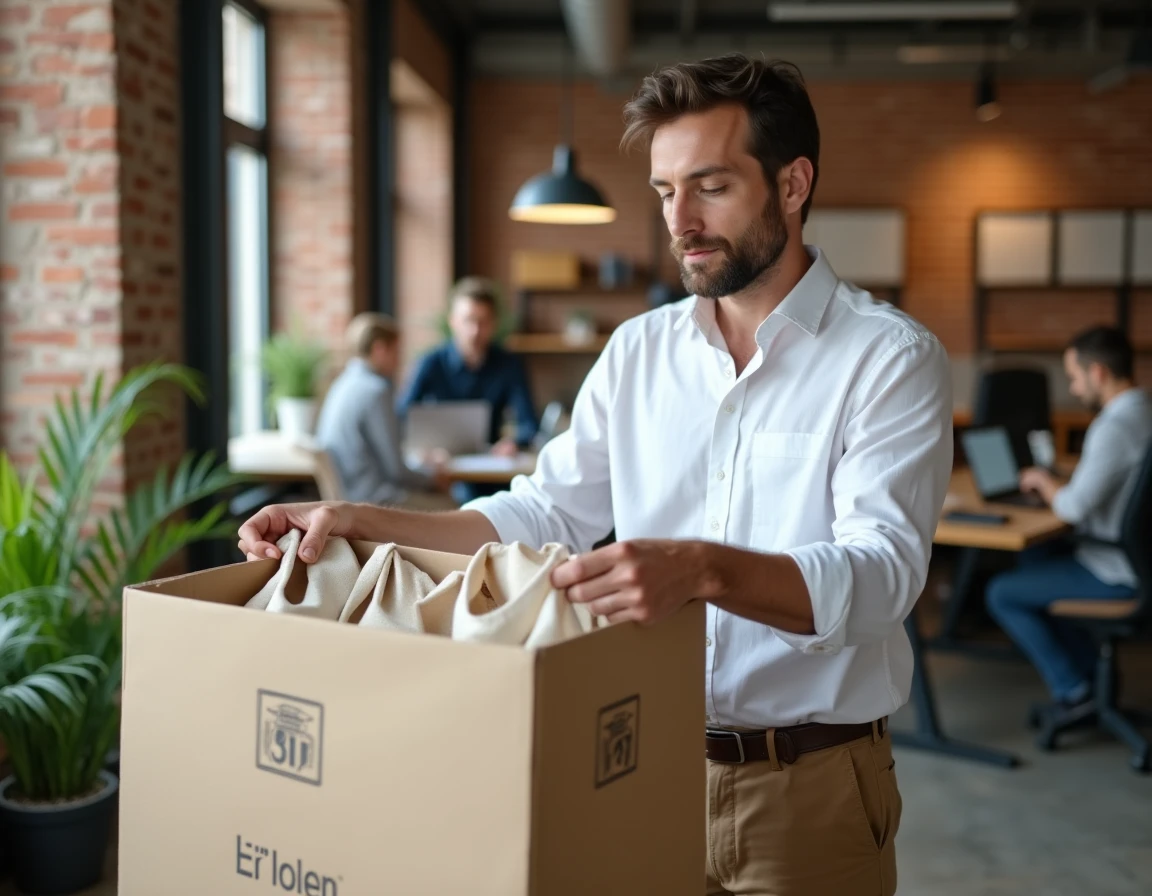 Coordinateur logistique distribuant des totes Isotoner dans un bureau moderne d'entreprise française