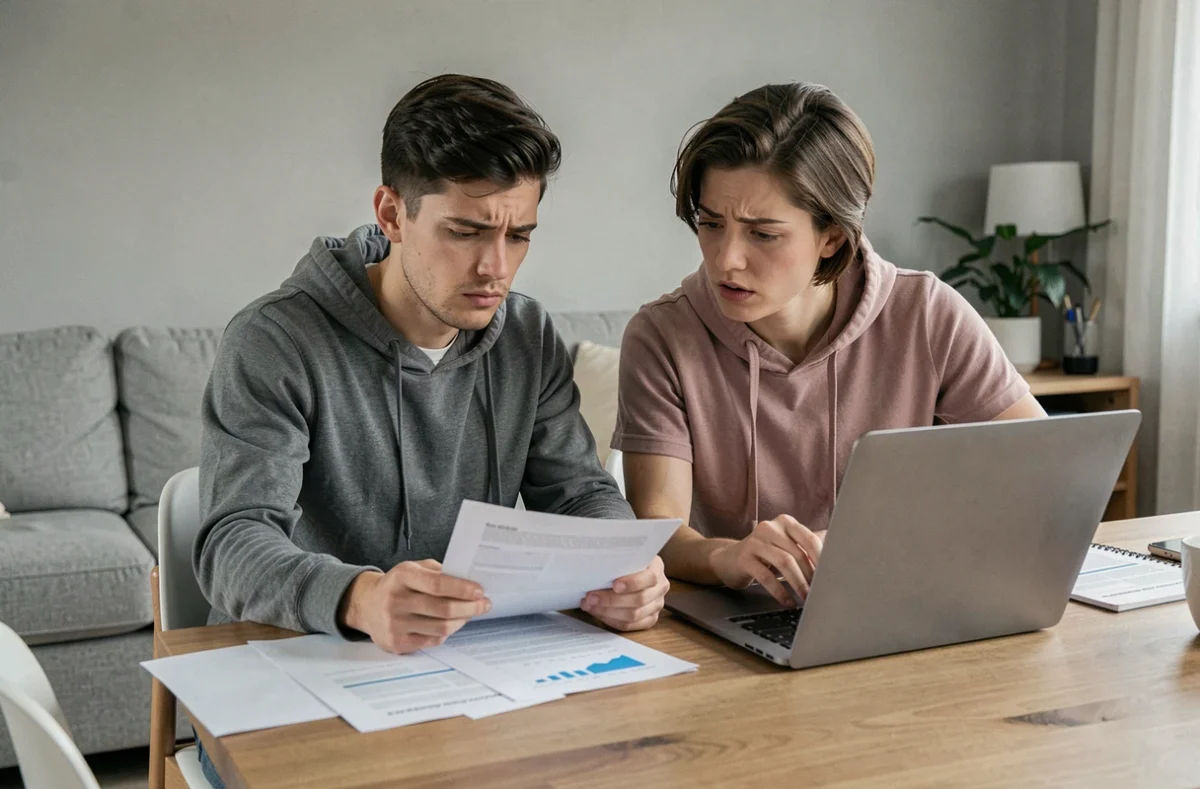 Couple examinant des documents de recouvrement et une mise en demeure d'Intrum ensemble à la maison