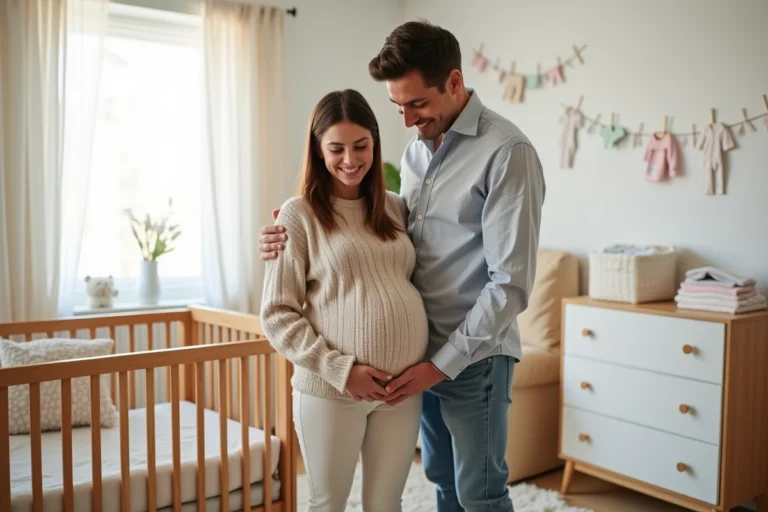 Jeune couple préparant une nursery chaleureuse