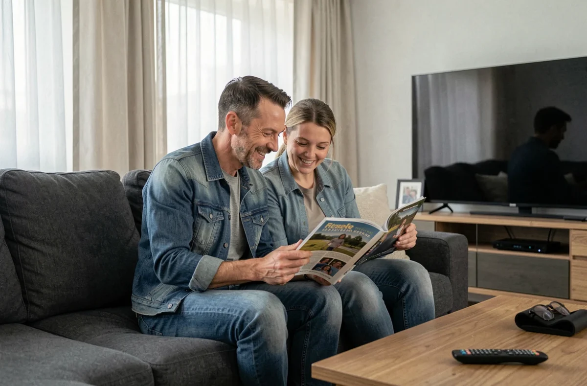 Couple partageant un magazine Télé Z pour planifier leurs soirées télévision ensemble dans leur salon
