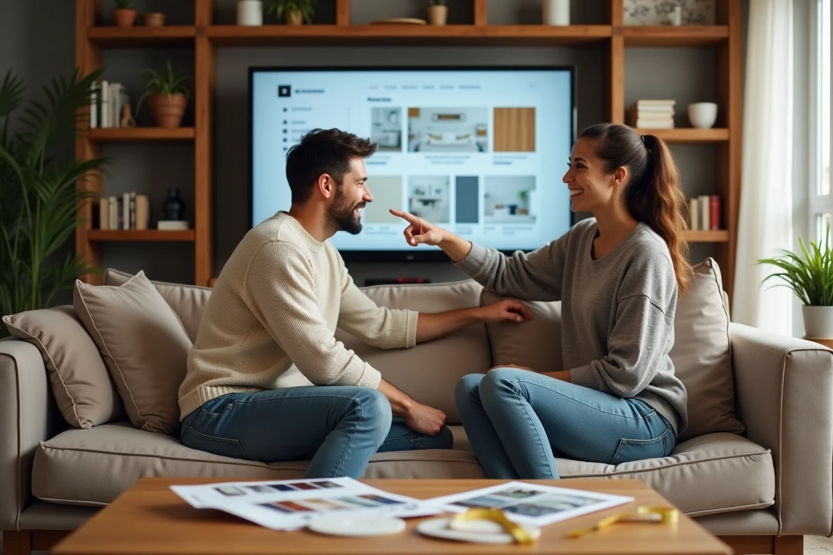 Couple planifiant ensemble leur projet de rénovation immobilière sur une interface numérique dans leur salon