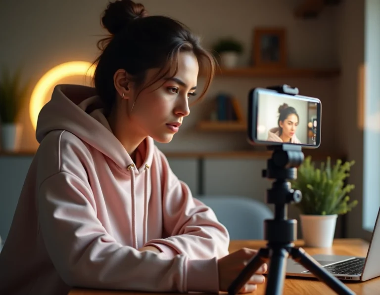 Jeune femme filmant une vidéo TikTok dans son studio à domicile, ambiance créateur de contenu authentique