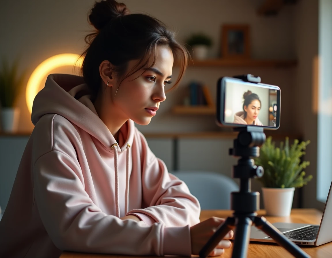 Jeune femme filmant une vidéo TikTok dans son studio à domicile, ambiance créateur de contenu authentique