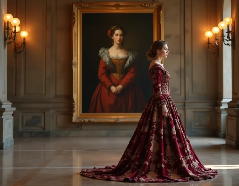 Femme en robe Renaissance devant un tableau classique dans un musée, illustrant l'évolution des critères de beauté féminine à travers les époques