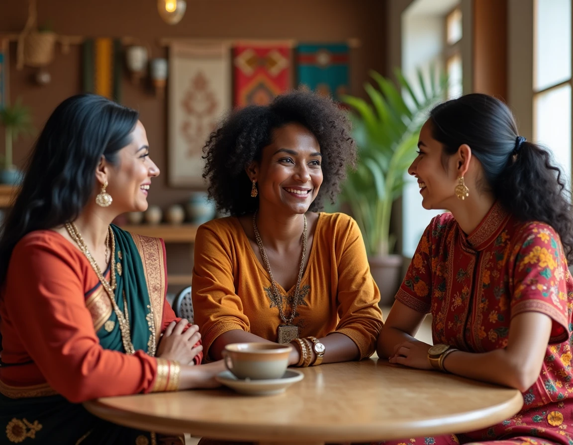 Trois femmes de cultures différentes en tenues traditionnelles réunies autour d'une table, symbolisant la diversité des standards de beauté féminine à travers le monde
