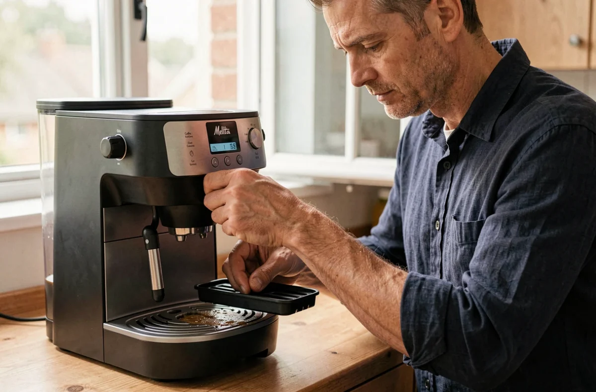 Homme effectuant l'entretien et le nettoyage du bac de récupération de la Melitta Caffeo Solo
