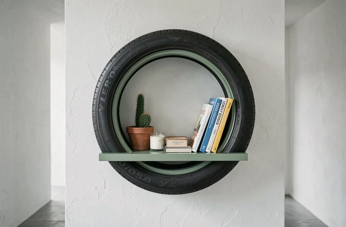 Étagère murale ronde faite d'un pneu coupé en deux peint en vert sauge avec des plantes et objets décoratifs