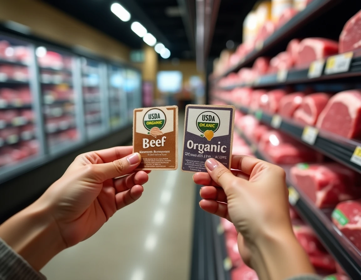 Mains tenant des étiquettes de certification USDA bœuf biologique et non-biologique dans le rayon boucherie d'un supermarché