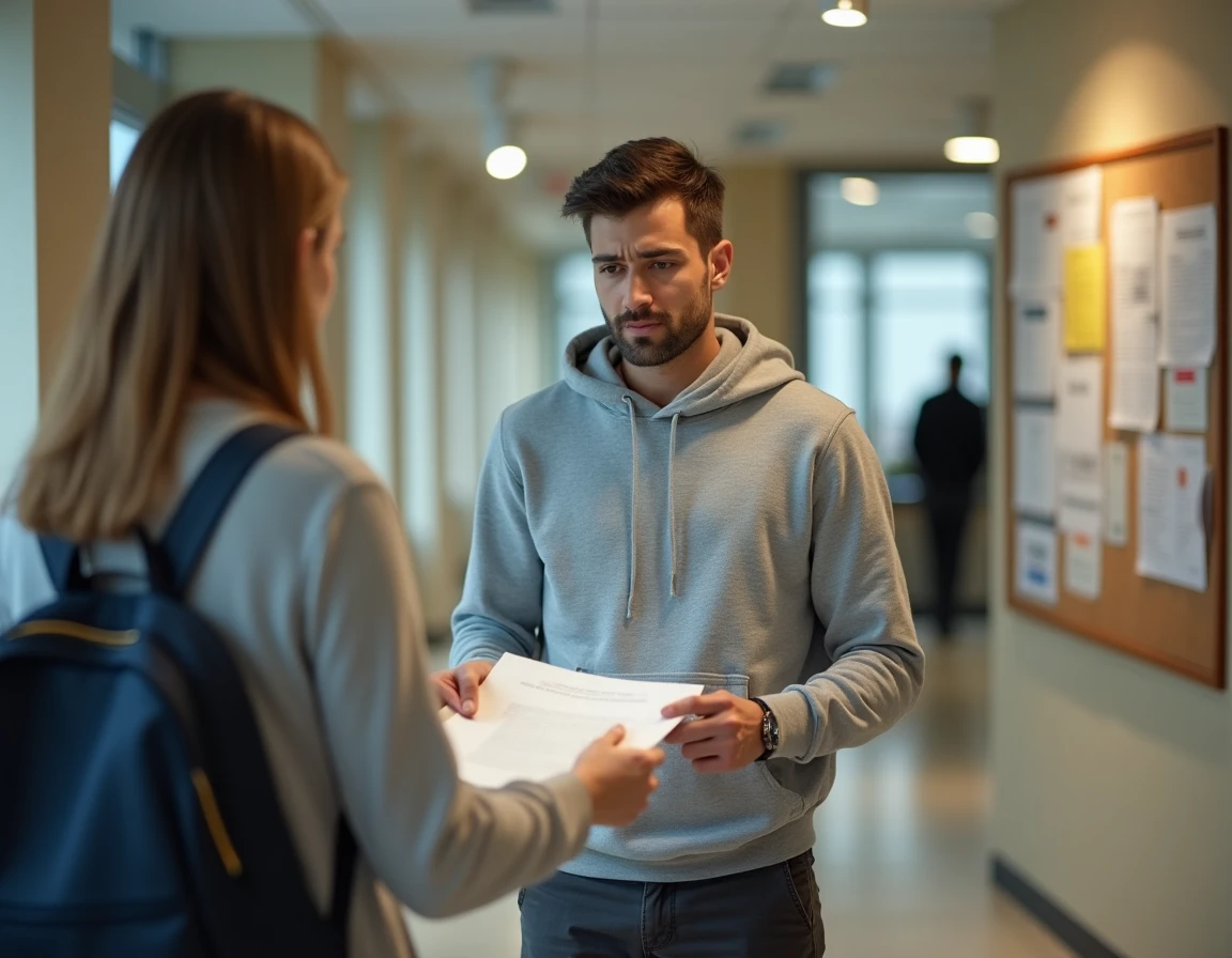 Étudiant remettant un justificatif d'absence au bureau administratif de son université