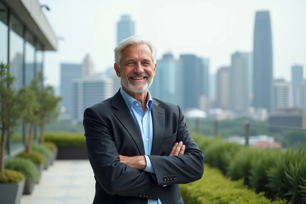 Executif souriant sur une terrasse urbaine