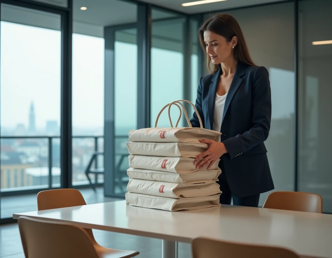 Femme d'affaires française organisant des totes Isotoner dans une salle de réunion d'entreprise moderne