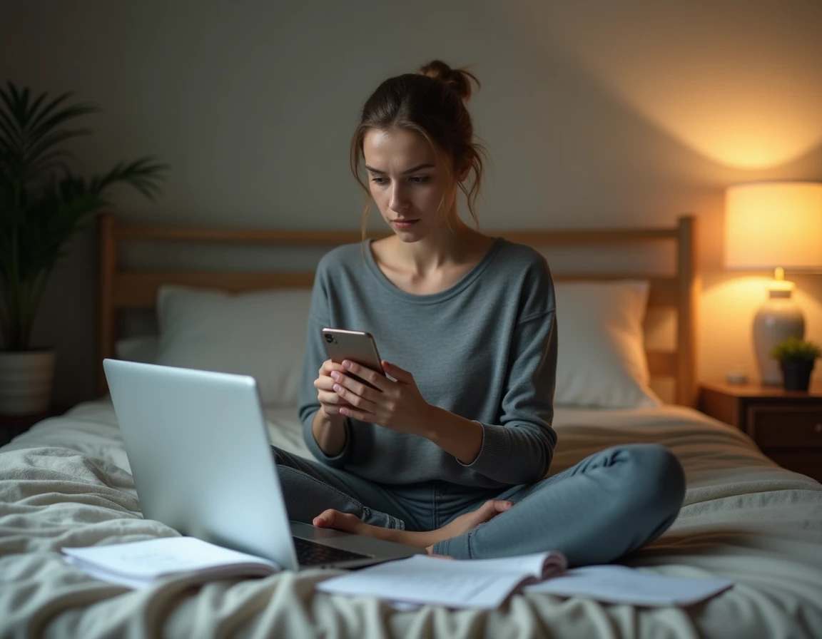 Jeune femme analysant des commentaires et statistiques sur les réseaux sociaux depuis sa chambre, ambiance introspective
