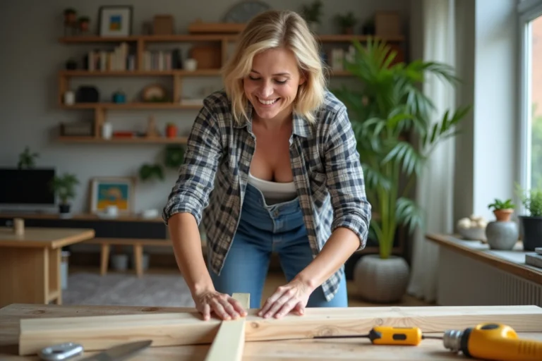 Femme mesurant une planche en bois dans un salon lumineux