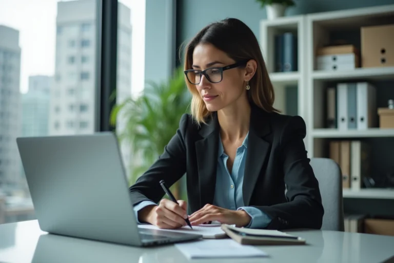 Femme concentrée au bureau moderne avec ordinateur et livres