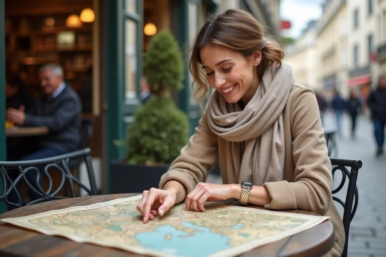 Femme souriante pointant une carte à Paris