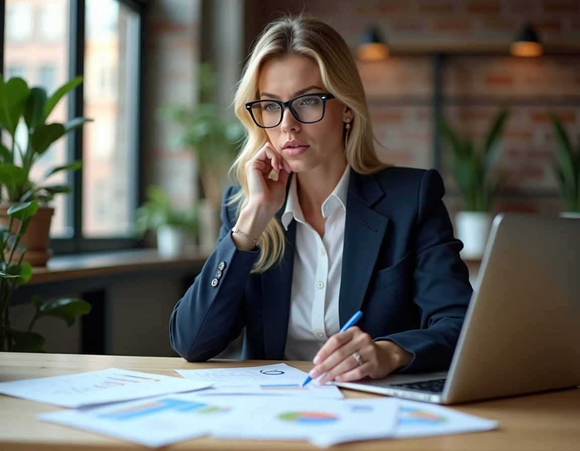 Femme entrepreneur analysant des documents de startups dans un espace de coworking moderne