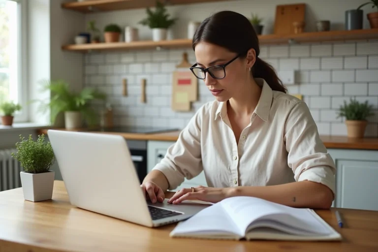 Femme consultant une plateforme de gestion de projets de rénovation sur son ordinateur portable dans une cuisine moderne