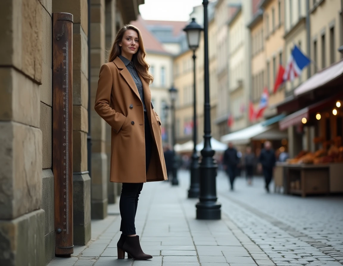 Femme de grande stature à côté d'un poteau de mesure vintage en Europe, illustrant le thème des records de taille dans l'histoire féminine