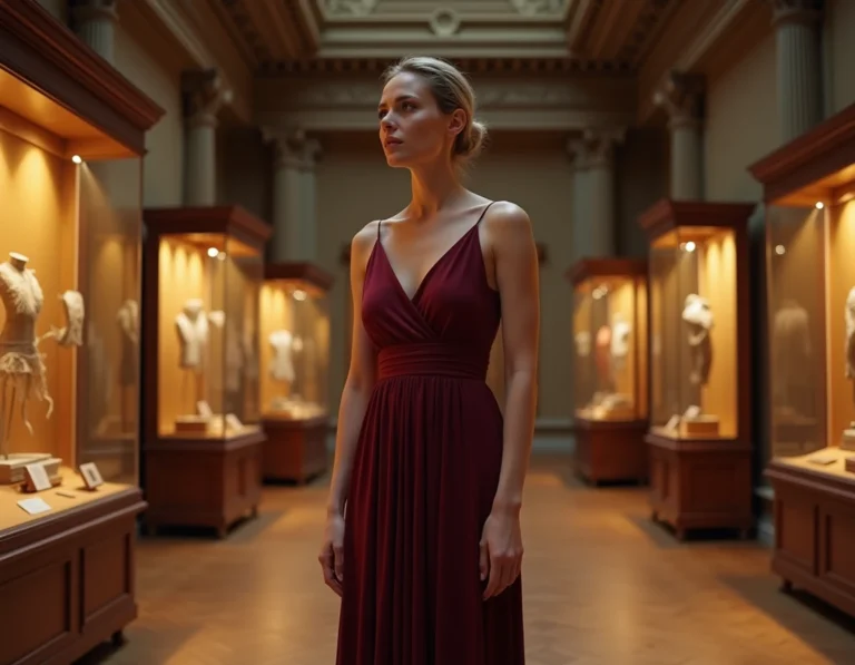 Grande femme se tenant fièrement dans un musée d'histoire, illustrant un article sur la femme la plus grande du monde