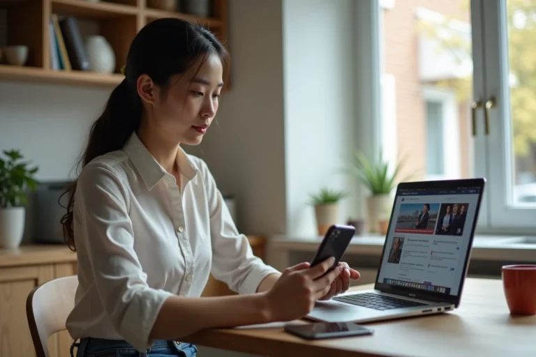 Jeune femme avec ordinateur et smartphone en cuisine