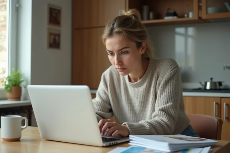 Femme concentrée sur son ordinateur dans une cuisine moderne