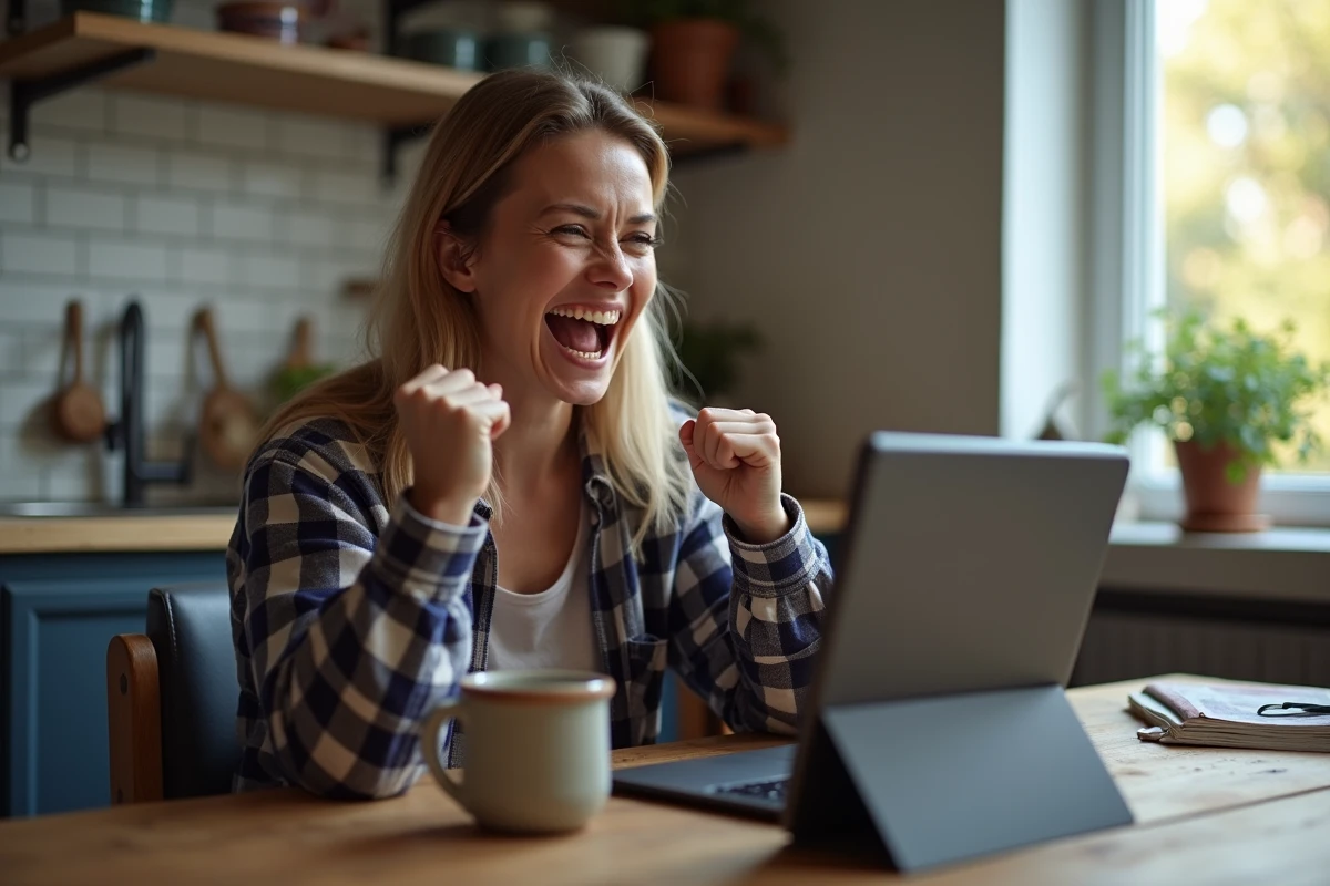 Femme souriante regardant un sport sur sa tablette dans la cuisine