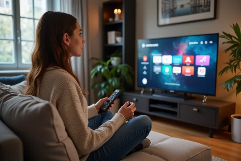 Jeune femme regardant la télévision dans un salon cosy