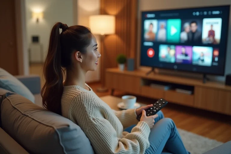 Jeune femme regardant une plateforme de streaming gratuit sur sa télévision depuis son canapé