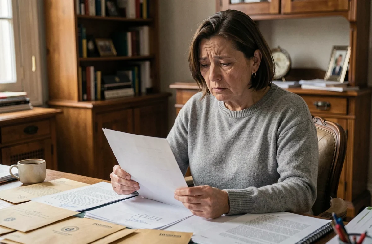 Femme stressée tenant une lettre de relance d'un organisme de recouvrement à son bureau à domicile