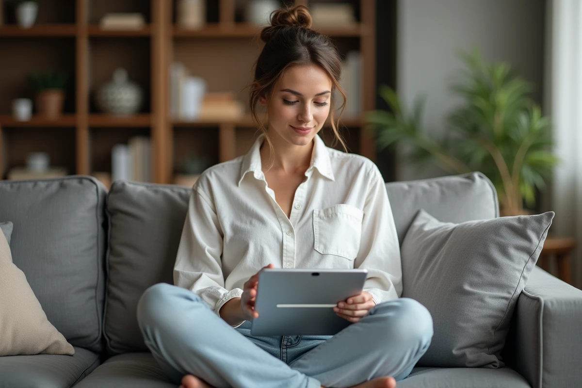 Femme sur un canapé cherchant une nouvelle adresse de site de téléchargement sur une tablette